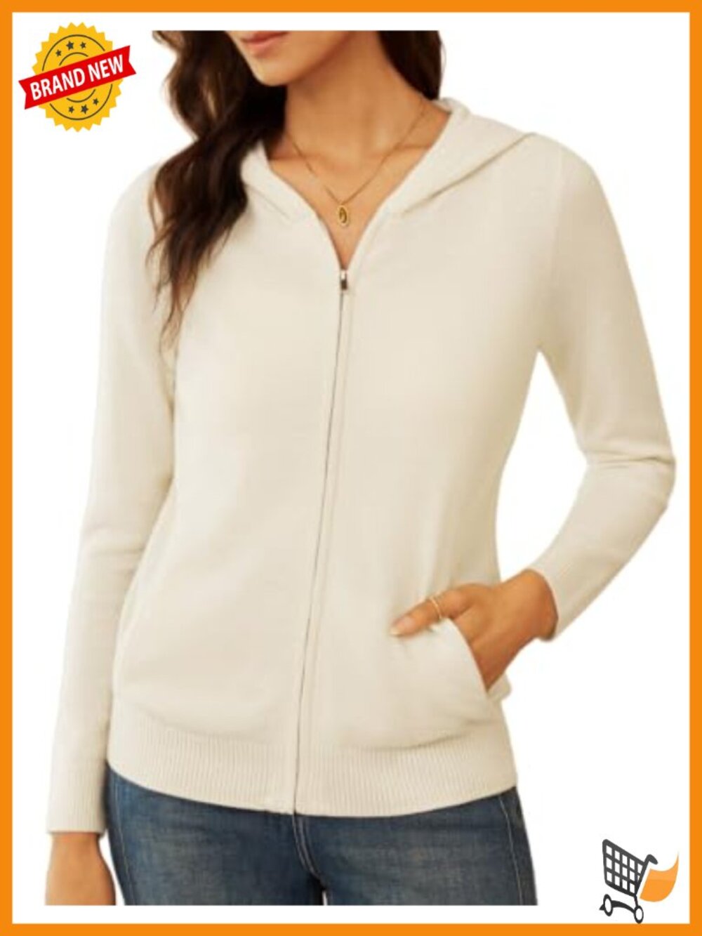 Merino Wool Zip Up Hoodie Cardigan Sweater Long Sleeve Hip Length Pockets
